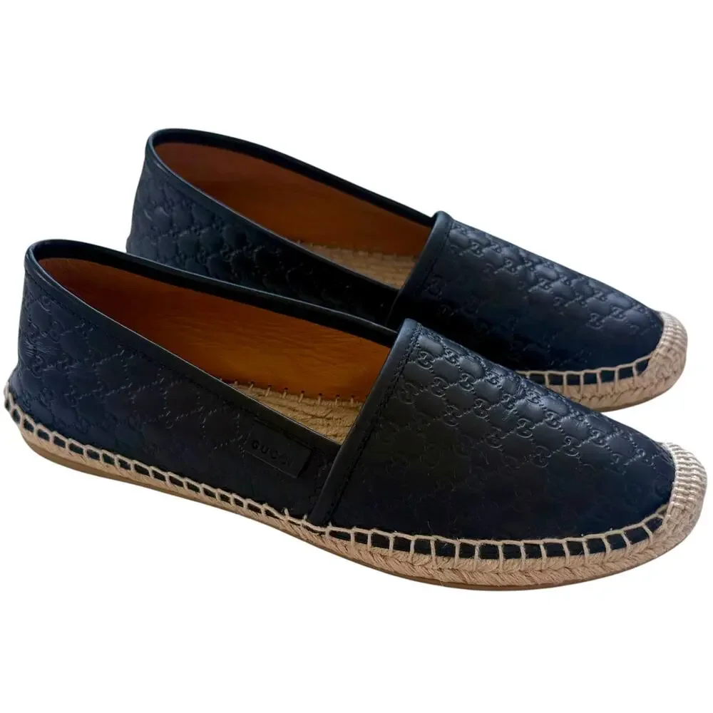 Gucci Guccissima Leather Espadrille Flats Black Logo Loafers Women's 37.5 US 7.5